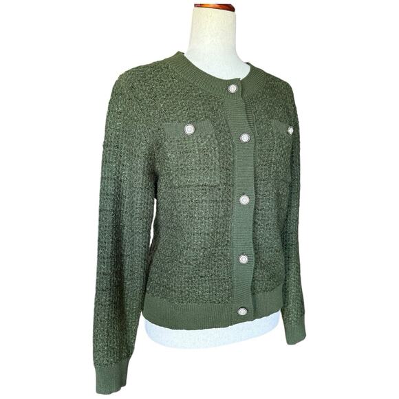 Classic Olive Green Textured Knit Cardigan with Pearl Buttons Cozy Large NWT - Picture 2 of 8